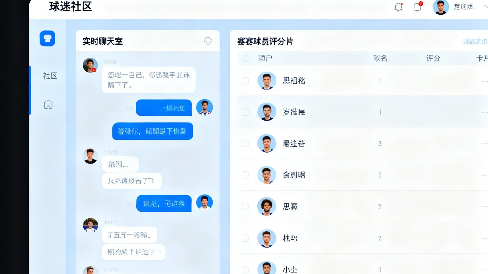 球迷社区界面展示，左侧为实时聊天室滚动消息，右侧为赛后球员评分卡片，用户头像和昵称清晰可见