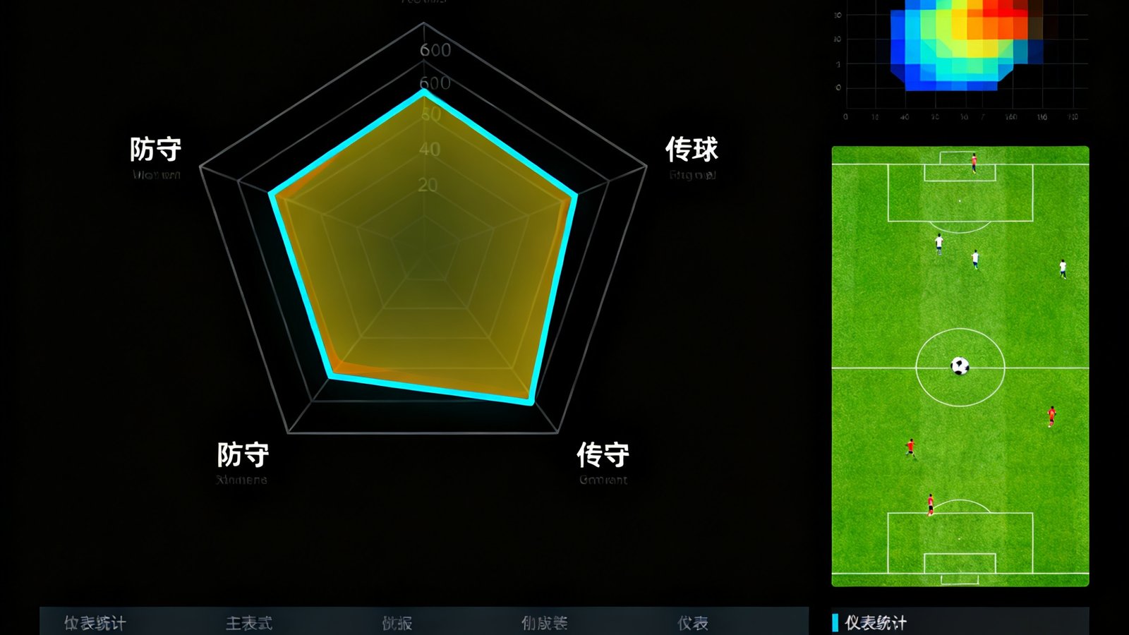 数据统计仪表盘展示球队表现雷达图，六边形图表覆盖射门传球防守等维度，旁边配有跑动热力分布图